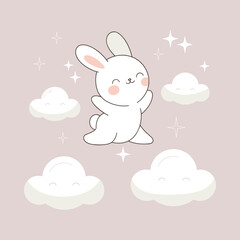 Adorable bunny floating among clouds and stars in pastel tones