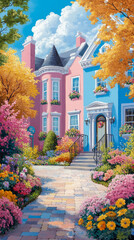 Obraz premium Colorful Houses in Spring: Charming facade of pink and blue building with flowers and sky, perfect for a whimsical print or card