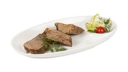A white plate with meat and vegetables on a white background