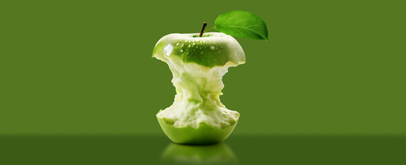 Close-up of a bitten green apple with green leaf (eating green apple, concept), on a green background with copy space. Wide template. Generative Ai.