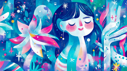  Whimsical Winter Dream: A Serene Girl Amongst Floral Snowflakes, design for print, card, poster.