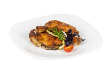 A white plate with chicken and vegetables on a white background