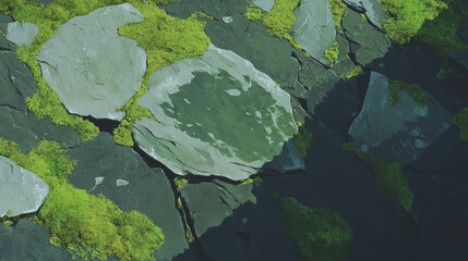 Natural green moss growth on jagged rock surface for nature-inspired designs