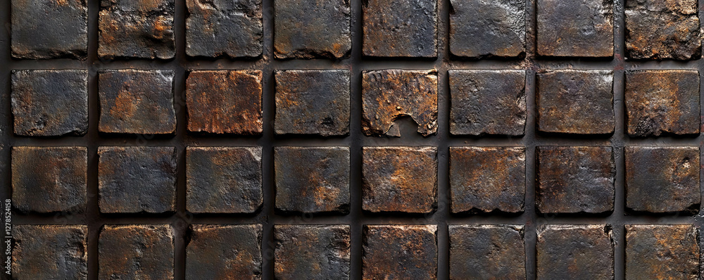 Poster Rustic stone wall with textured square grid for architectural design