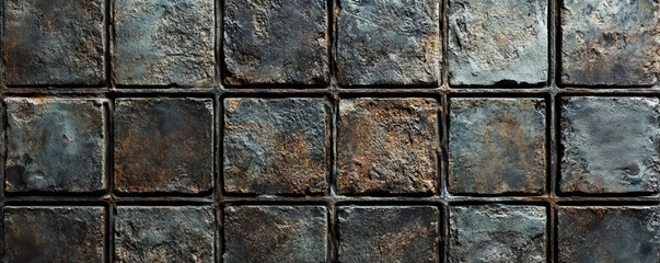 Rustic square grid texture on weathered stone wall for architectural design and background use