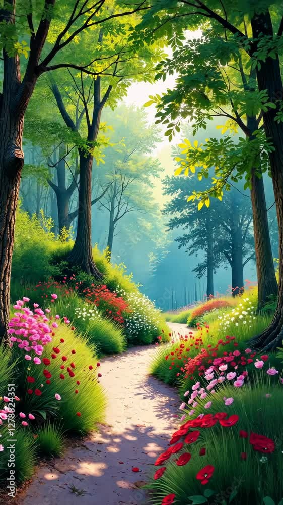 Poster a path through a forest with flowers on the side. the flowers are pink and red. the path is lined wi