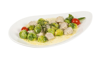 A white plate of meatballs and broccoli on a white background