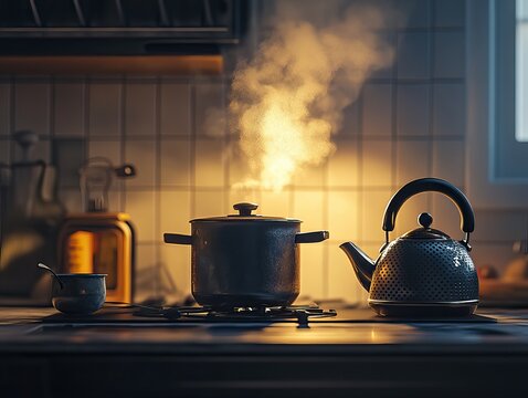 pot with boiling water, steam rising, placed on a stove with a kettle beside it. 