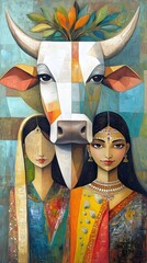 An abstract painting of the head and neck profile portrait, woman and cow
