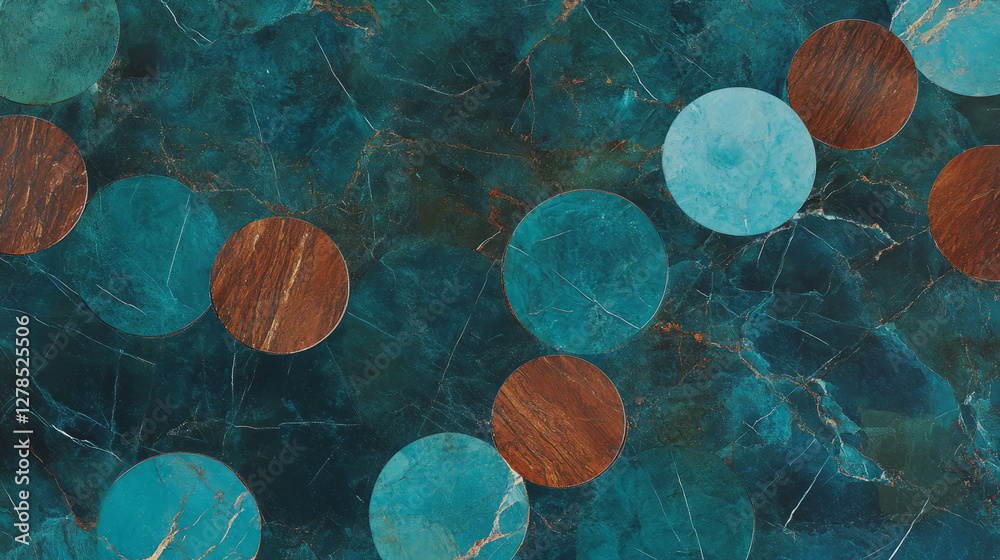 Poster modern circular tile pattern with teak and blue marble texture for interior design
