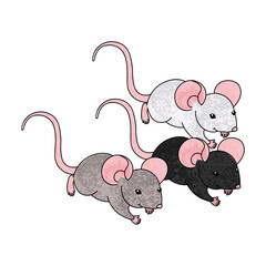 Vector Colorful Illustration of Three Mice Isolated on White Background