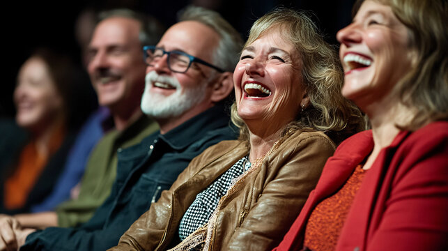 a group of older adults laughing together while watching a live performance in a cozy dimly lit theater filled with joyful energy
