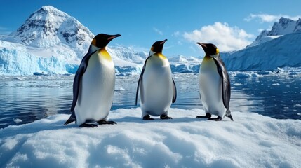 Fototapeta premium Frozen landscape with penguins roaming, vast Antarctic terrain, extreme weather conditions, beautifully captured wildlife moment