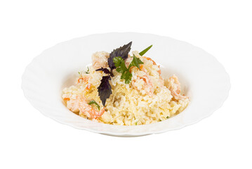 Shrimp rice on a white plate on a white background