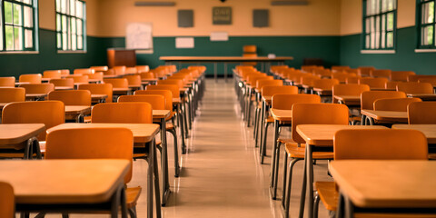 Back to school event in empty classroom high school educational content calm environment wide view learning concept