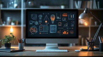 A modern workspace featuring a desktop computer displaying colorful data visualizations, a desk lamp, and a plant, set against a stylish, organized background.