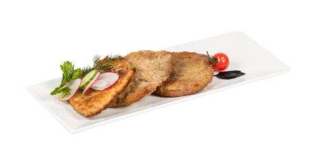 A white plate with fried food and vegetables on a white background