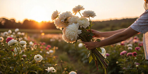 Sunset flower field, hand holding bouquet of white dahlias, golden hour light, soft focus, warm tones, rural landscape, dreamy atmosphere, bokeh background, delicate petals, sunburst effect, romantic 