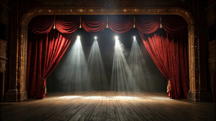 theater stage, red velvet curtains, spotlights, wooden floorboards, dramatic lighting, empty stage, vintage atmosphere, performance space, theatrical setting, dark background, beams of light, ornate
