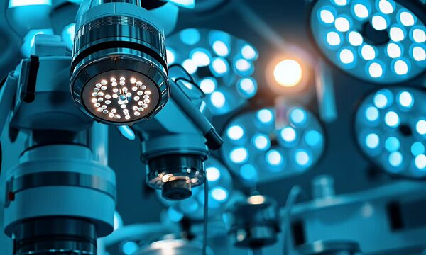 Robotic surgery lamp in operating room, lights blurred