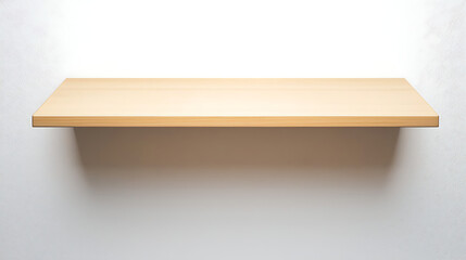 A simple wall-mounted shelf made of light wood on  white background.