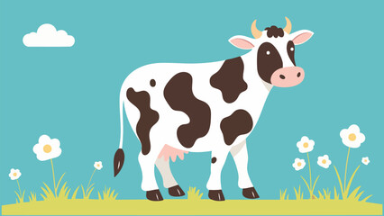 Cartoon Cow in Pastoral Setting