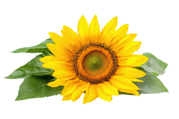 Vibrant Sunflower Blossom with Lush Green Leaves on Transparent Background