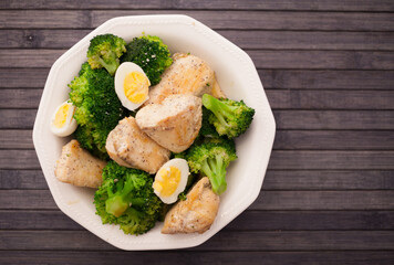 Pieces of fried chicken breast with boiled broccoli and quail eggs on plate for lunch