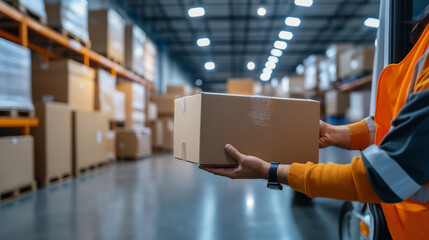 The hands of a dedicated worker securing a fragile package among the neatly arranged boxes inside an open white delivery truck, with a warehouse setting visible in the background.