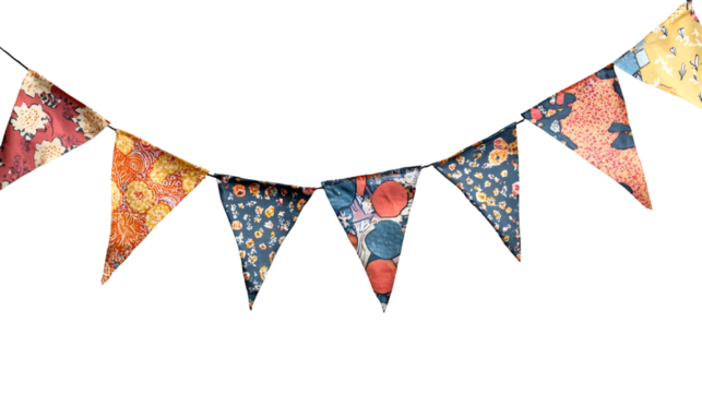 Colorful triangular fabric pennants hanging with decorative patterns against transparent background