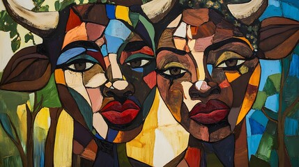 An abstract painting of the head and neck profile portrait, woman and cow
