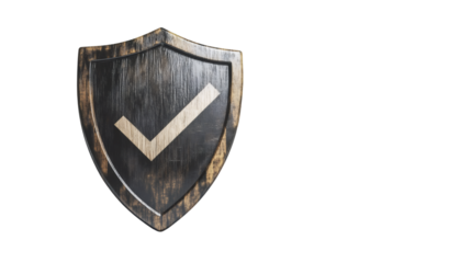 Dark wooden shield with a check mark symbolizing security, protection, and guarantee, isolated on transparent background
