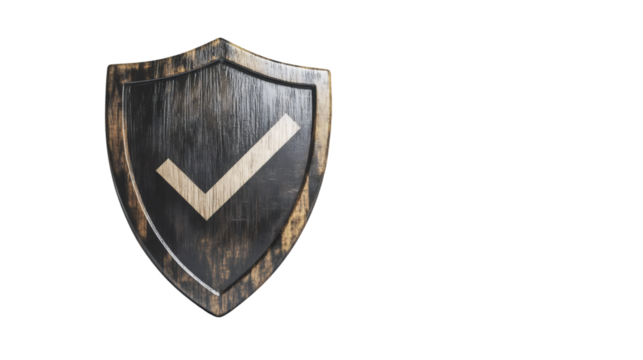 Dark wooden shield with a check mark symbolizing security, protection, and guarantee, isolated on transparent background