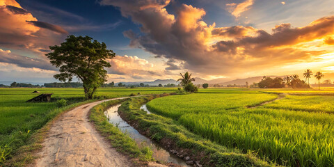 Obraz premium Panoramic countryside landscape, winding dirt road, lone tree silhouette, vibrant green rice fields, dramatic sunset sky, golden sunlight, wispy clouds, rural scenery, peaceful evening, wide-angle
