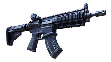 Assault rifle isolated on transparent background, featuring reflex sight and curved magazine, perfect for military or tactical projects