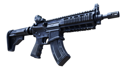 Assault rifle isolated on transparent background, featuring reflex sight and curved magazine, perfect for military or tactical projects