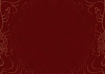 Deep red textured paper with vignette of golden hand-drawn pattern. Copy space. Digital artwork, A4. (pattern: p13-1a)