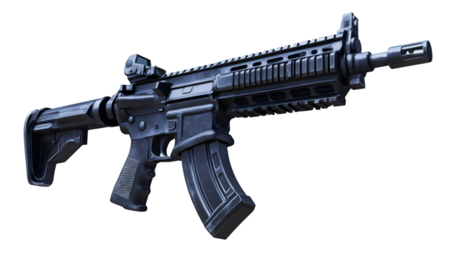 Assault rifle isolated on transparent background, featuring reflex sight and curved magazine, perfect for military or tactical projects