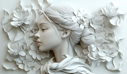 Naklejka premium White Relief Sculpture of a Woman's Profile with Intricate Floral Designs