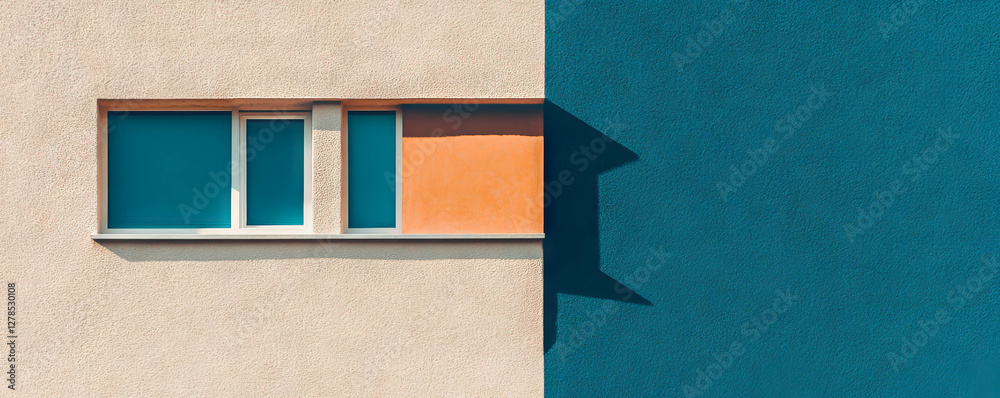 Poster modern architecture with ultramarine and beige wall featuring windows and shadows