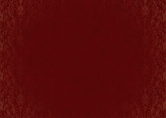 Deep red textured paper with vignette of golden hand-drawn pattern. Copy space. Digital artwork, A4. (pattern: p13-1c)