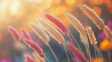 A vivid outdoor panorama, featuring a tall grass plant's elegant, elongated stems spiraling outward amidst a burst of colorful flora. The dynamic interplay of hues and textures captures the essence of