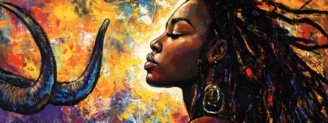 An abstract painting of the head and neck profile portrait, woman and cow

