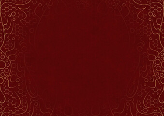 Deep red textured paper with vignette of golden hand-drawn pattern. Copy space. Digital artwork, A4. (pattern: p13-2a)