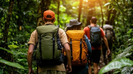 Fototapeta premium Group of friends hiking in the forest, lush green trees, sunlight filtering through the canopy, relaxed and adventurous atmosphere
