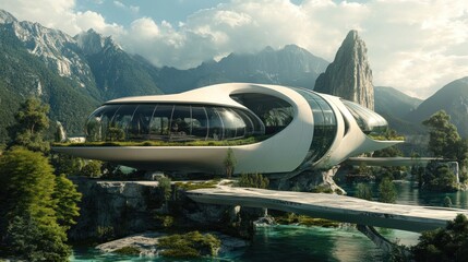 Fototapeta premium Futuristic Mountaintop Villa: A Stunning Architectural Marvel