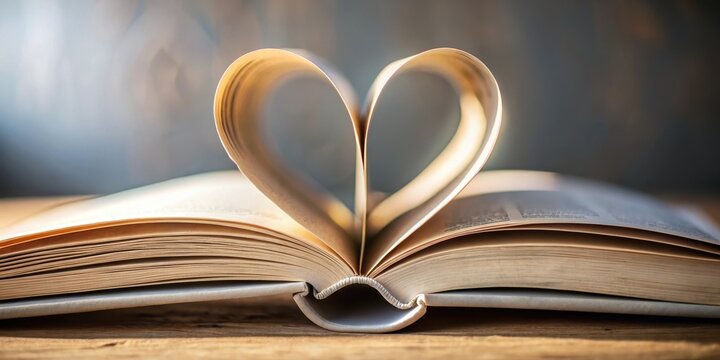 Heart-shaped book pages with a subtle background, warmth, heart,  warmth, heart, love story, page turner