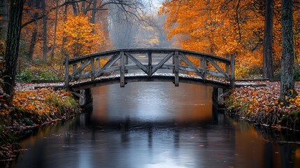 Obraz premium Autumnal Wooden Bridge Over Canal, Misty Forest Background, Peaceful Scenery, Stock Photo
