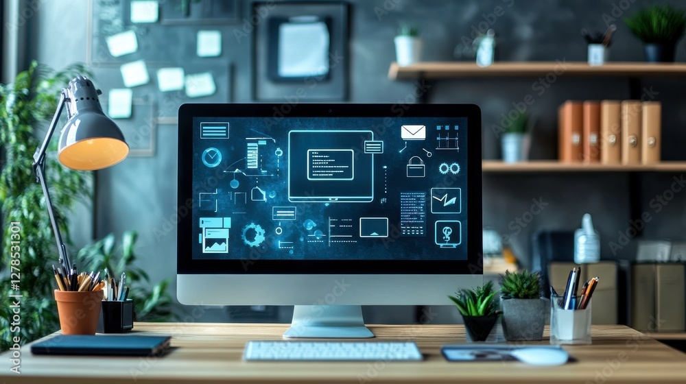 Poster a modern workspace featuring a computer displaying digital data and charts, surrounded by plants and