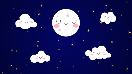 Fototapeta premium moon and stars with cute clouds on night sky, kids lullaby and nursery rhyme background 